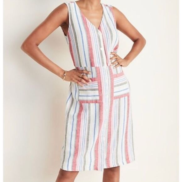 Old Navy striped linen blend pocket front dress small - Picture 1 of 10